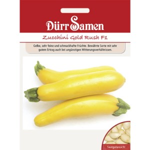 Dürr Samen Zucchini Gold Rush F1: Goldgelbe Zucchini auf der Saatgutpackung.
