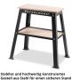 STAHLWERK Universal Maschinenständer, schwarz, mit heller Holzplatte und Ablagefach. Stabiler Maschinentisch für Werkstatt.
