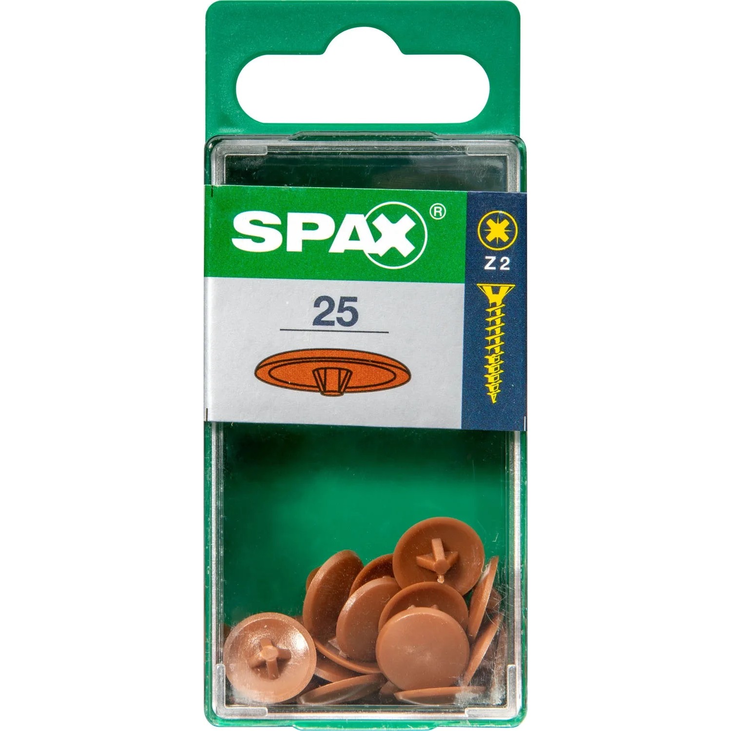 Spax Zierkappen, braun, für Pozi Z2 Schrauben, 25 Stück im Kunststoffbehälter.