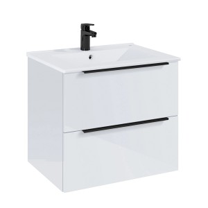 Roca Waschtischunterschrank Elegant, 60 cm, Weiß Hochglanz mit 2 Schubladen und schwarzem Waschbecken.