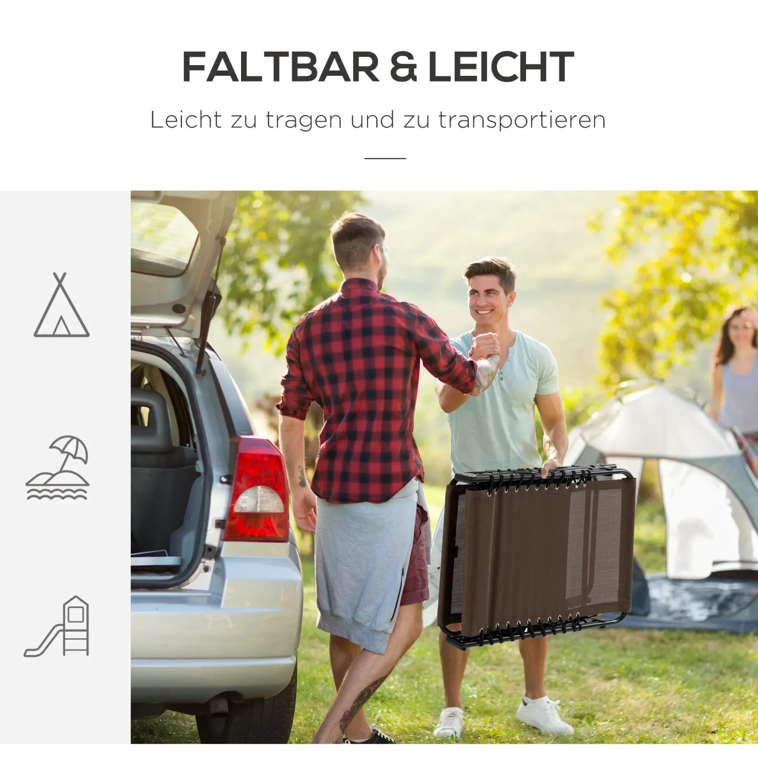 Zwei Männer tragen eine braune, zusammengeklappte Outsunny Sonnenliege aus Netzstoff und Stahl vor einem Auto und Zelt.