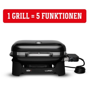 Schwarzer Weber Lumin Compact Elektrogrill mit Standfuß. Modernes Design, kompakt und vielseitig.