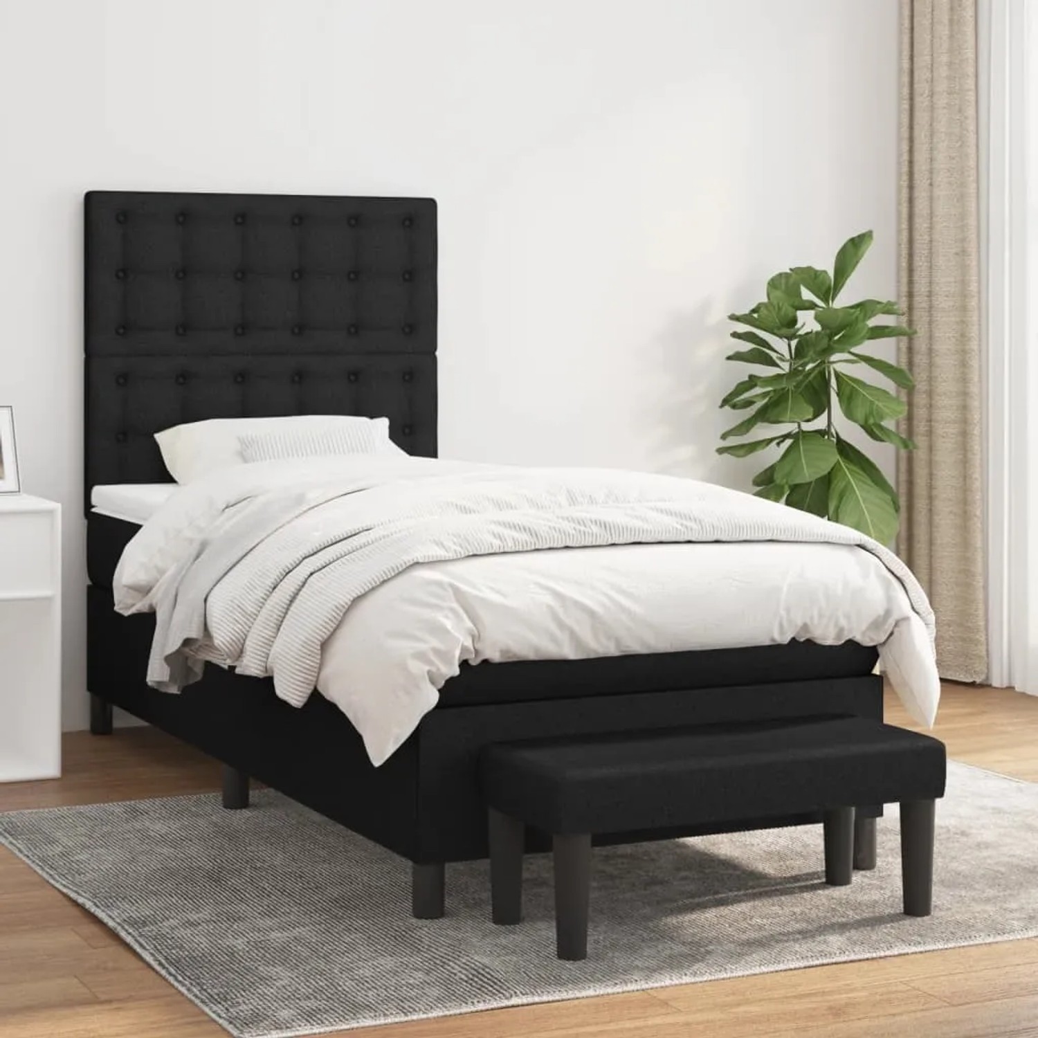Schwarzes vidaXL Boxspringbett (90x200 cm) mit Matratze und Bank, Stoffbezug.