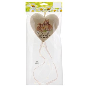 Hellbraunes Deko-Herz mit Hasenmotiv, 37 cm, Osterdekoration mit Aufhängeband.