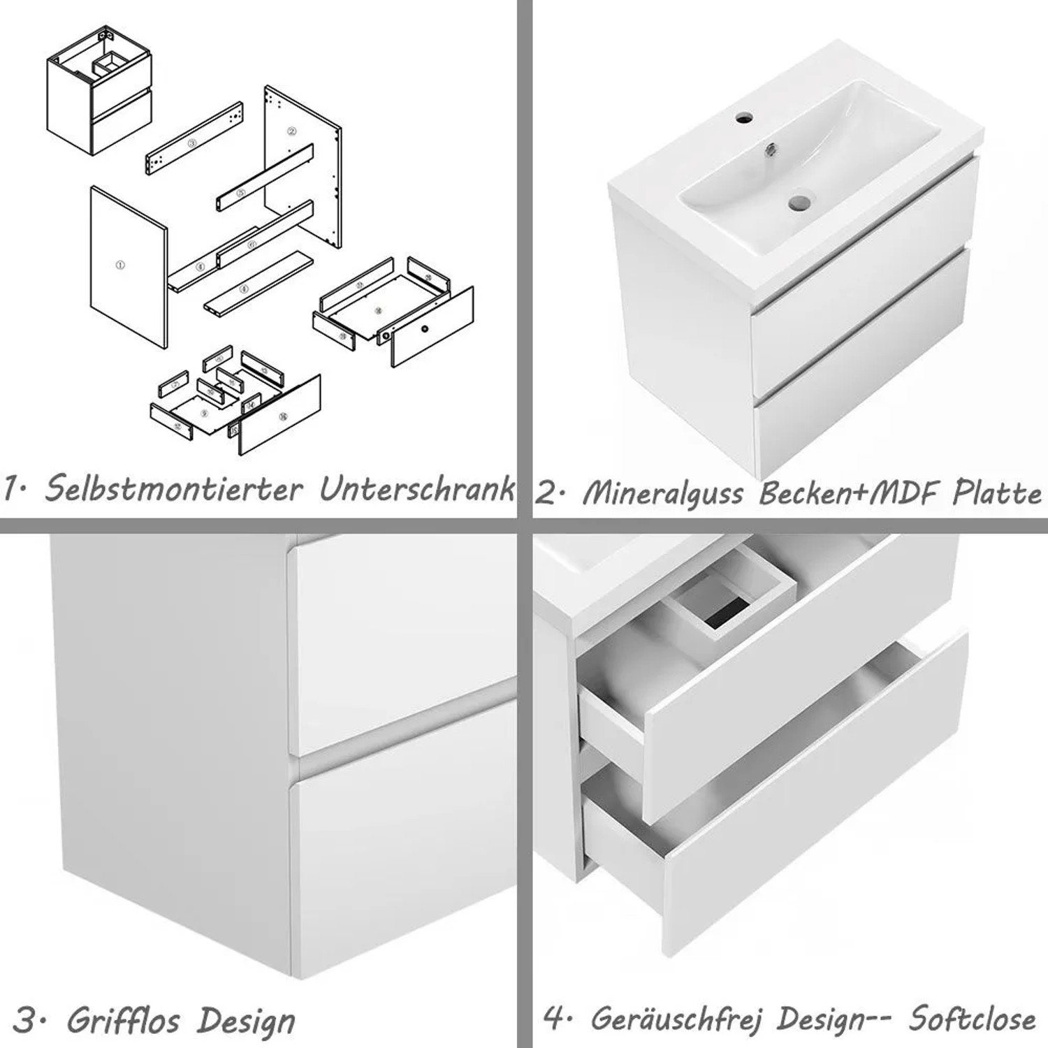 AICA Waschtisch mit Unterschrank, 50 cm, weiß matt, 2 Schubladen mit Softclose.