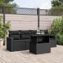 Schwarze 5-tlg. vidaXL Garten-Sofagarnitur aus Poly Rattan mit Tisch und Kissen.