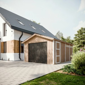 Timbela Garage Premium M991B aus Holz mit Rolltor, angebaut an ein Wohnhaus.