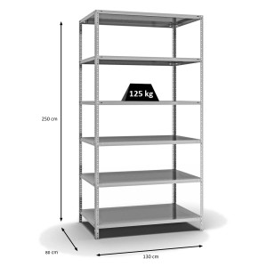 Verzinktes PROREGAL Fachbodenregal mit 6 Ebenen, beidseitig nutzbar, 250x130x80 cm, Fachlast 125 kg.