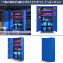 Blauer DELUKE Werkzeugschrank mit Lochwand KESU, 185x92x50 cm, offen und geschlossen.