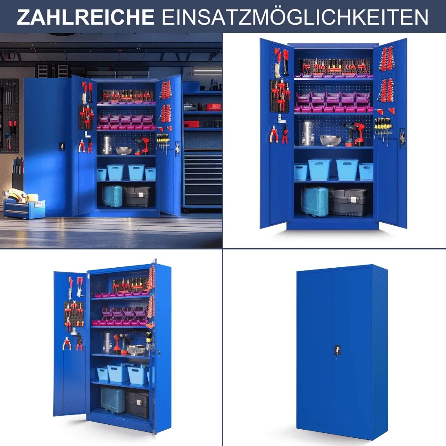Blauer DELUKE Werkzeugschrank mit Lochwand KESU, 185x92x50 cm, offen und geschlossen.