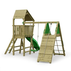 Spielturm Funky Combo mit Rutsche, Schaukel, Kletterwand und Leiter aus Holz für den Garten.