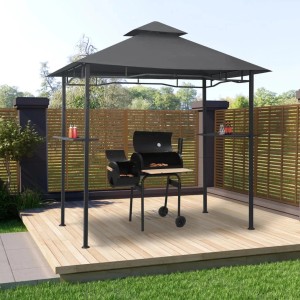 Anthrazitfarbener BBQ-Pavillon mit Stahlrahmen und Bartresen für Grillabende im Freien.