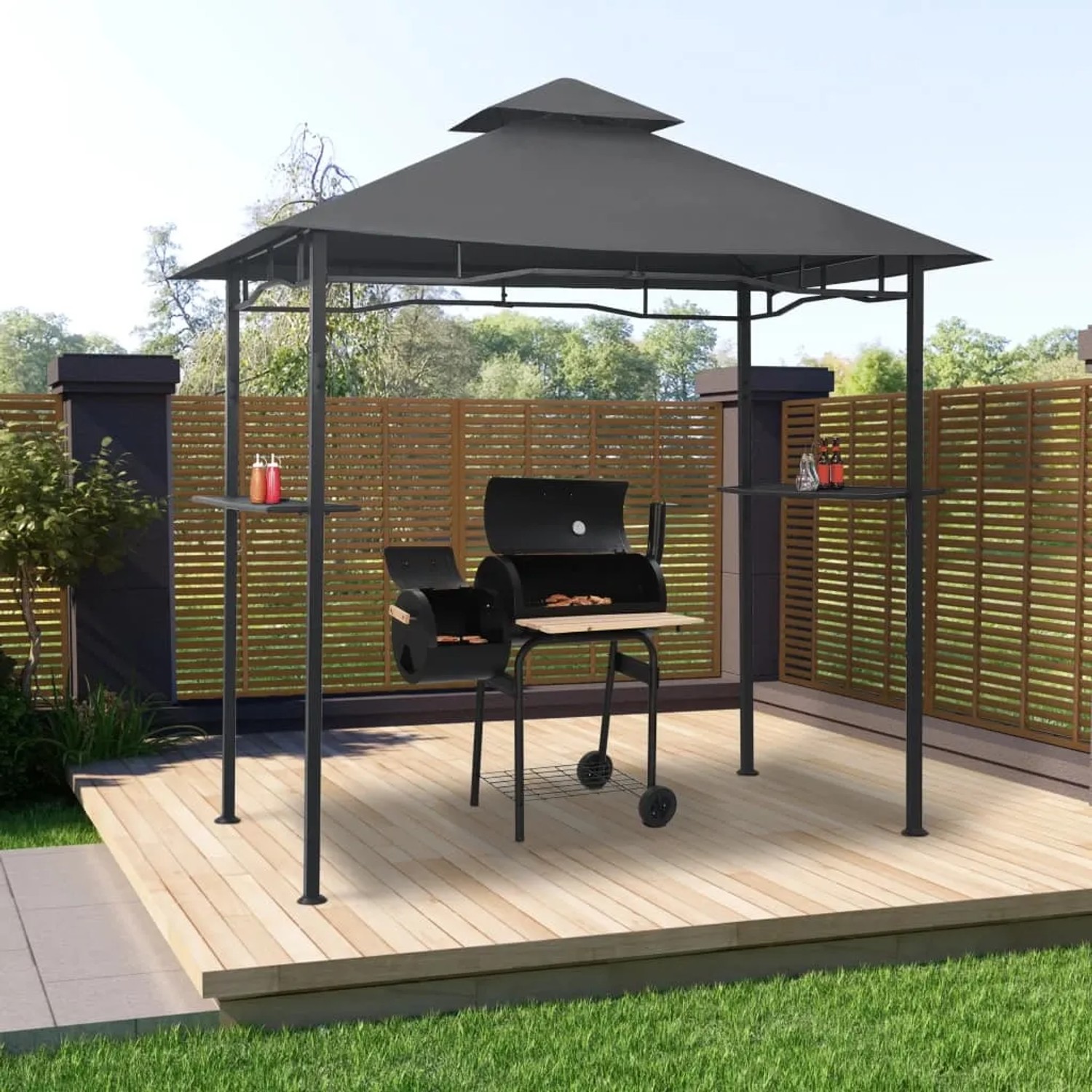 Anthrazitfarbener BBQ-Pavillon mit Stahlrahmen und Bartresen für Grillabende im Freien.