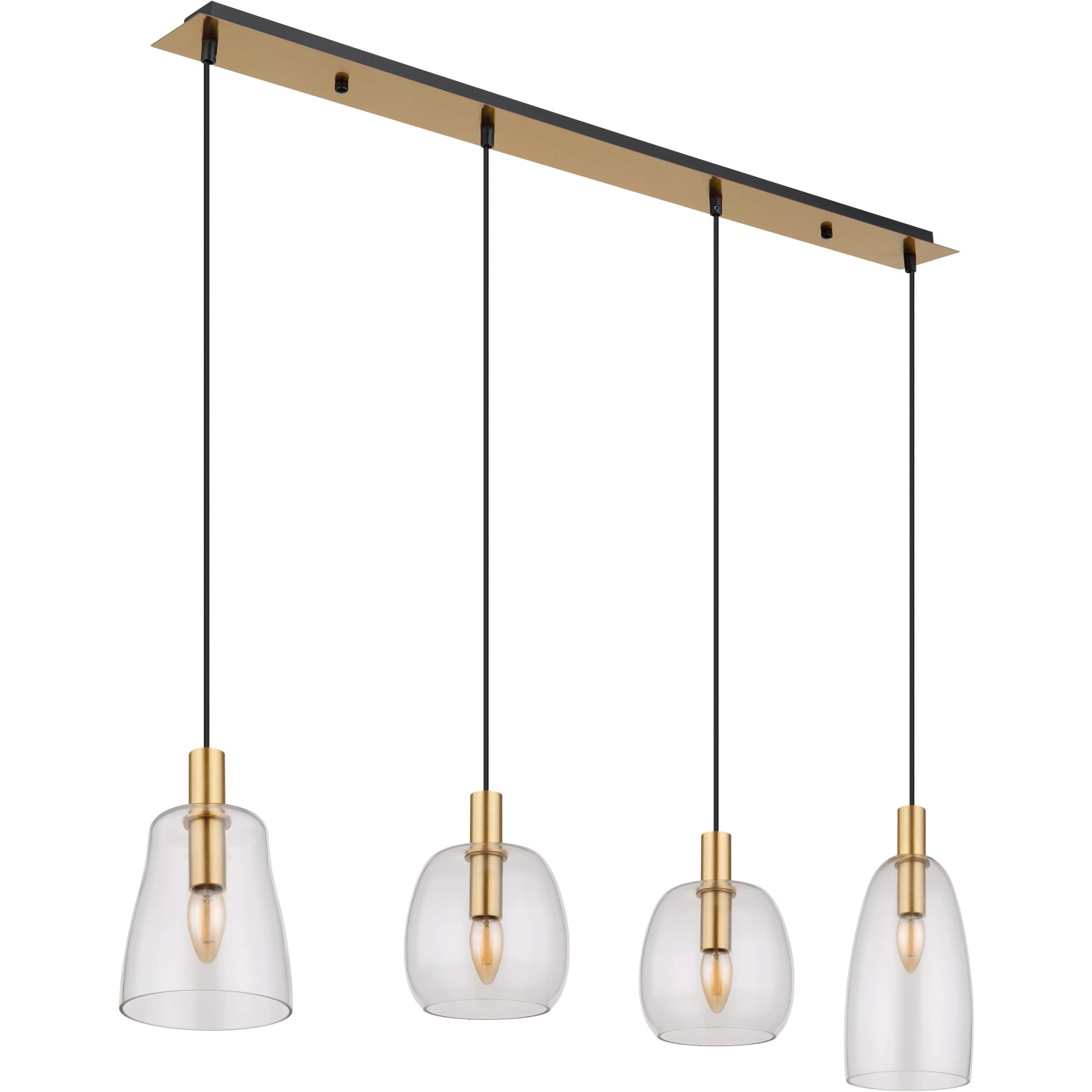 Globo Pendelleuchte mit 4 Lampen, Messing und klarem Glas. Moderne Hängeleuchte für den Innenbereich.