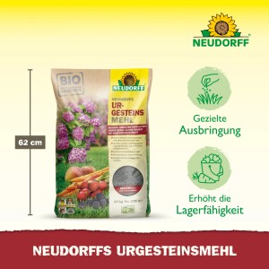 Sack Neudorff Urgesteins-Mehl 20kg mit Anwendungsbeispielen für Garten und Gemüse.