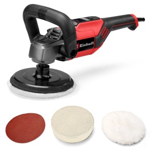 Einhell CC-PO 1100/150 CE Poliermaschine mit Zubehör für Autopflege und Schleifarbeiten.