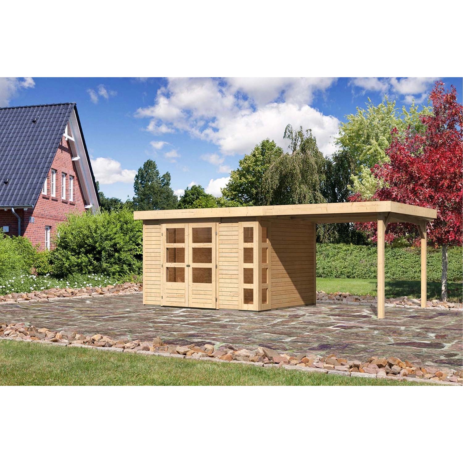 Karibu Holz-Gartenhaus Sölve Natur Flachdach Unbehandelt 298 cm x 242 cm günstig online kaufen