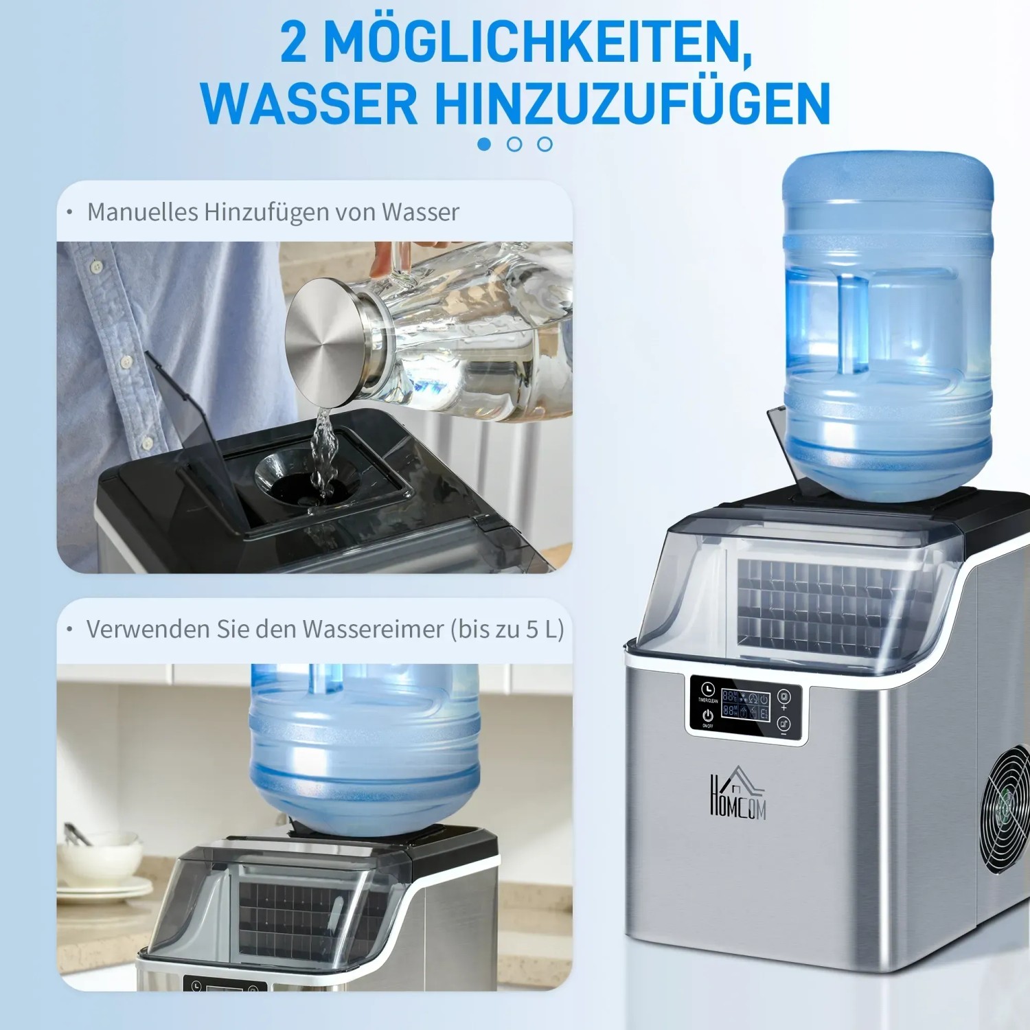 HOMCOM Eiswürfelmaschine aus Edelstahl, silberfarben. Zwei Optionen zur Wasserzufuhr werden gezeigt.