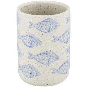 Handbemalter Zahnputzbecher Aquamarin Keramik Beige mit blauem Fischmuster.