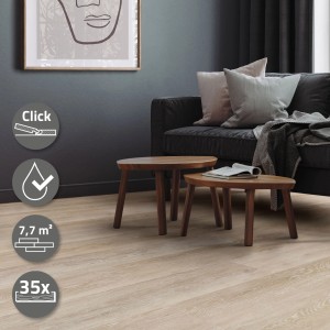 ML-Design Click Vinylboden Eiche Braun, 122x18cm, im Wohnraum verlegt.