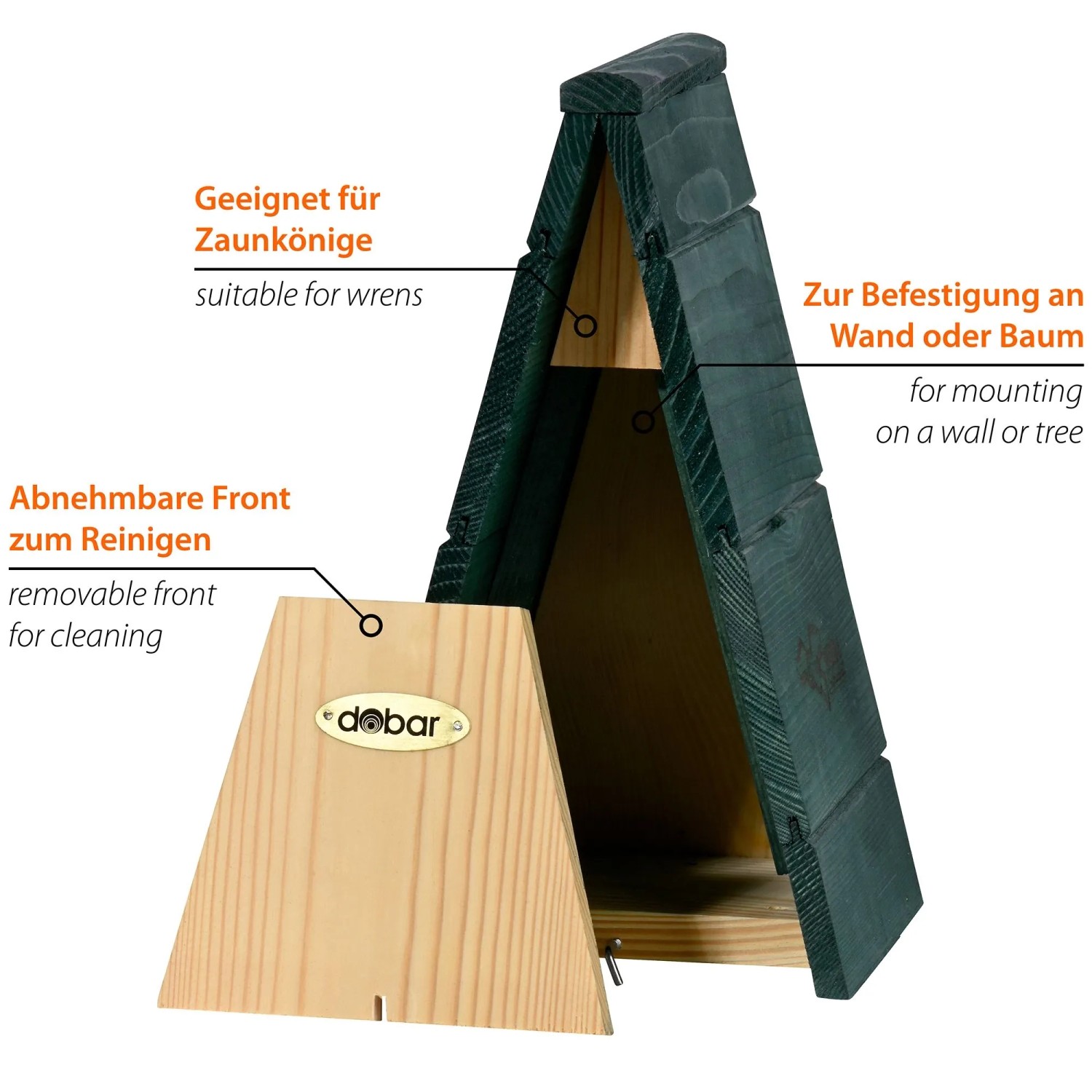 Dobar Nistkasten Vobu für Zaunkönige. Dunkelgrünes Spitzdach, abnehmbare Holzfront zur Reinigung, Wand-/Baumbefestigung.