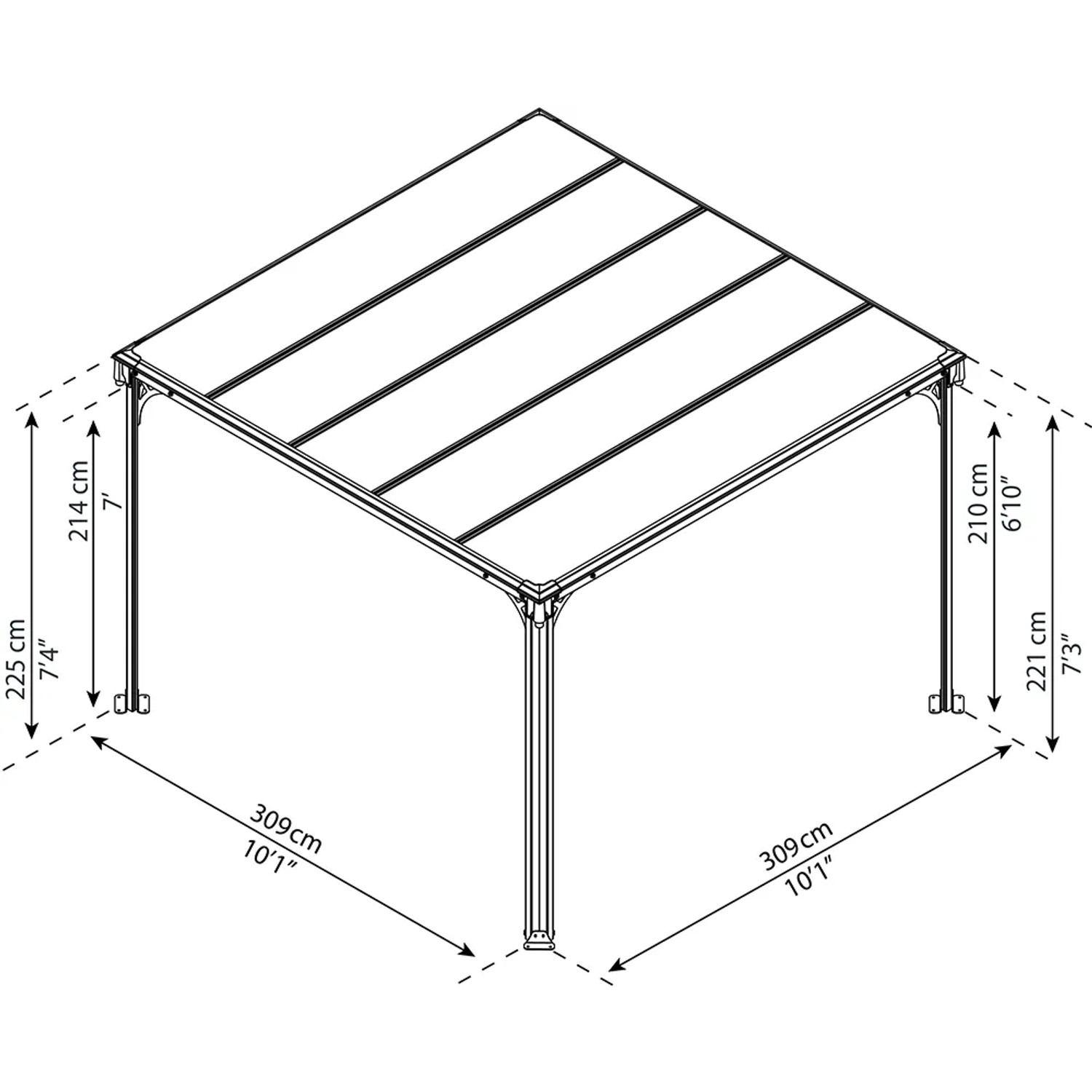 Draufsicht des anthrazitfarbenen Palram Canopia Milano Gartenpavillons 3.1x3.1m mit LED und Maßangaben.
