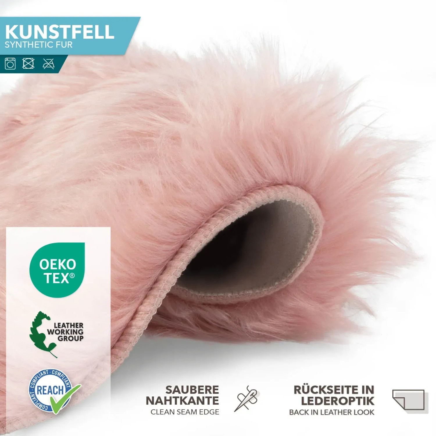 Rosa Kunstfell Nelly, flauschiges Dekofell mit Lederoptik-Rückseite und sauberer Nahtkante.