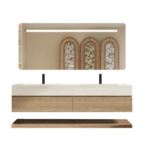Wandhängendes Doppelwaschbecken Set 140 cm mit Travertin Optik, Holz-Unterschrank, LED-Spiegel und Ablage.