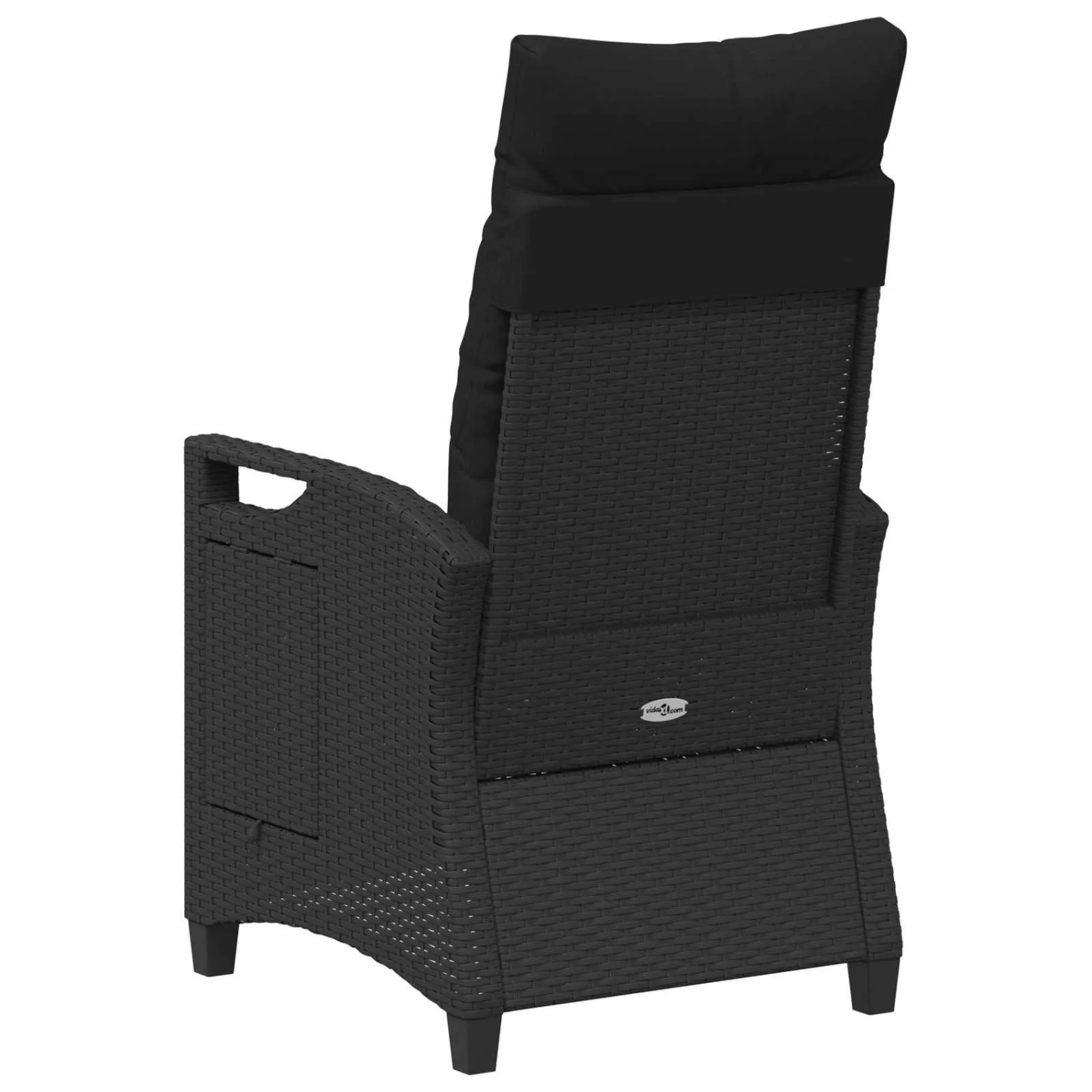 Schwarzer, verstellbarer Gartenstuhl aus Poly-Rattan von vidaXL, Rückansicht.