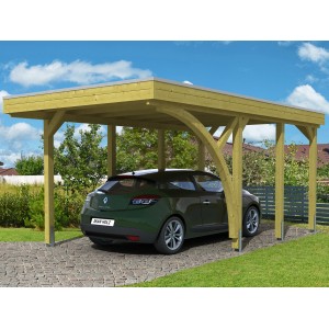 Skan Holz Carport Friesland Set 5: Einzelcarport aus Holz mit Aluminiumdach und Auto.