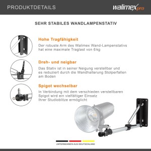Walimex Pro Wand-Lampenstativ, schwarz/silber, drehbar, neigbar, mit Spigot. 6kg Traglast für Studioleuchten.
