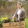 Frau gärtnert im Westmann Hochbeet Holz Fichte XL mit Salat und Gemüse.
