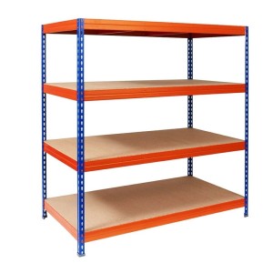 Blau-oranges KARAT Weitspannregal/Schwerlastregal mit 4 Böden, Traglast bis 1200 kg, 200x150x80 cm.
