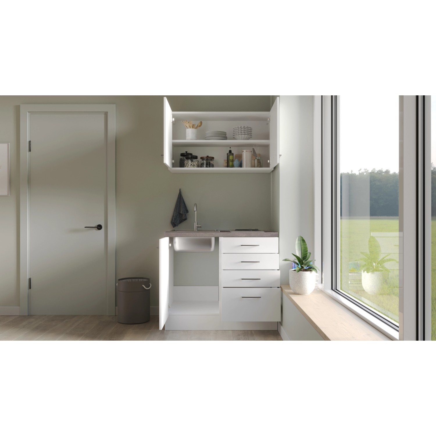 Flex-Well Miniküche Joelina, 100 cm, Weiß matt/Beton Grau, mit Spüle und Kochfeld. Ideal für Single-Haushalte.