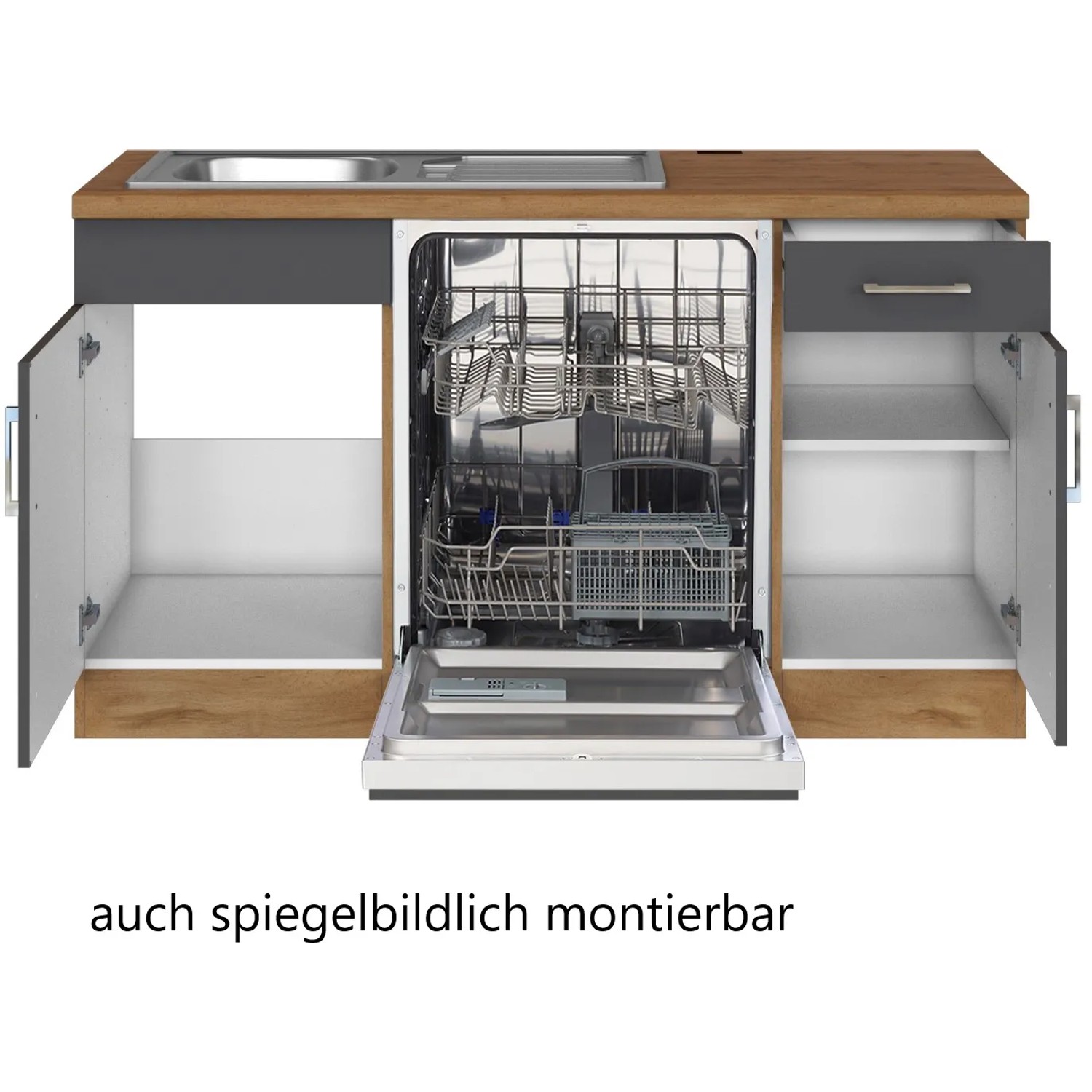 Held Möbel Küchenzeile Sorrento, 210 cm, Anthrazit-Wotaneiche, mit Geschirrspüler und Spüle.
