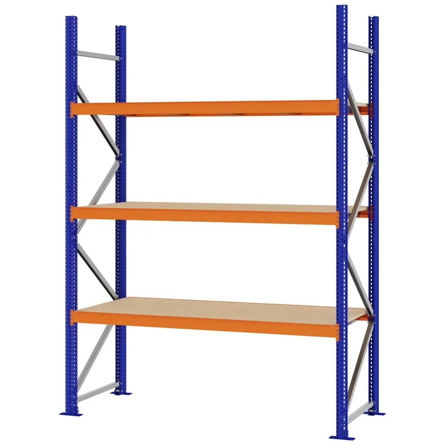 PROREGAL Weitspannregal Schraub-Stecksystem MAGNUS PRO Made In Germany Grundregal 250x175x60cm 3 Ebenen Spanplattenböden Fachlast 700kg Blau/Orange