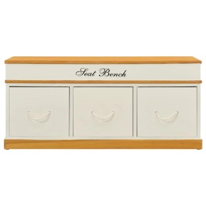 Sitzbank mit Stauraum und drei Schubladen aus Holz, ideal als Schuhschrank im Flur.