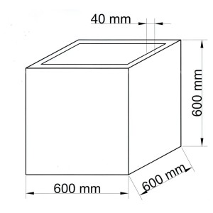 Skizze eines quadratischen Pflanzkübels (60x60x60cm) mit Maßangaben.