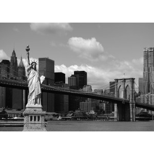 Sanders Fototapete New York grau: Freiheitsstatue und Brooklyn Bridge im Skyline-Panorama.