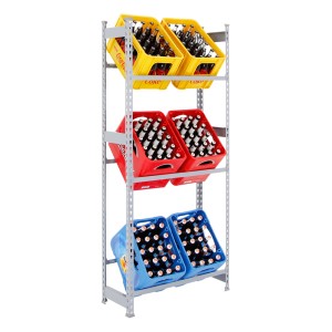 Graues PROREGAL Getränkekistenregal Big Camel mit gelben, roten und blauen Kisten.