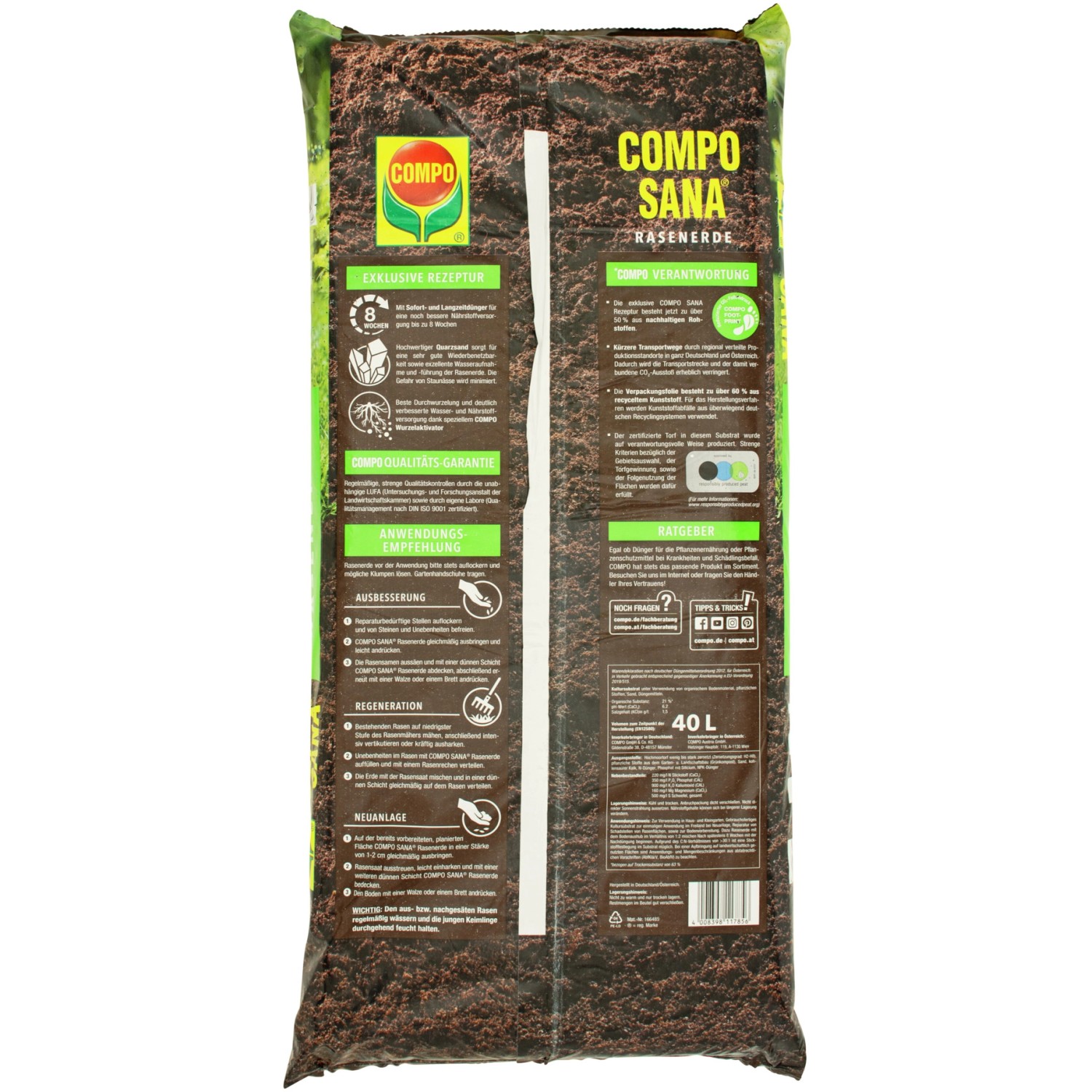 Sack Compo Sana Rasenerde, 40 Liter, zur Rasenregeneration und -neuanlage.