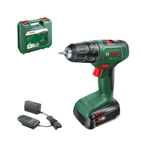 Grüner Bosch EasyDrill 18V-40 Akku-Bohrschrauber mit Akku, Ladegerät und Koffer für Bohr- & Schraubarbeiten.