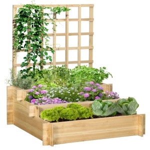 Outsunny Hochbeet aus Tannenholz mit Rankgitter und drei Ebenen, bepflanzt mit Gemüse und Blumen.