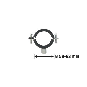 Verzinkte Schraubrohrschelle (59-63mm) mit M8/M10 Gewinde zur Schallisolierung.