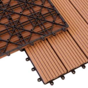 WPC Terrassenfliesen Royal, hellbraun, 30x60 cm, 6er-Set. Klickfliesen mit Holzdielenoptik und Kunststoff-Unterbau.