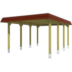 Skan Holz Carport Spreewald, 396x589 cm, Nussbaum, mit roter Blende. Holzkonstruktion mit Flachdach.