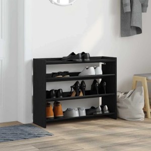 Schwarzes vidaXL Schuhregal (80x25x62 cm) aus Holzwerkstoff mit drei Ablagen, gefüllt mit Schuhen.