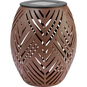 Braune Solar-Tischleuchte mit Blattmuster, Ø 12,5 cm. Dekorative Gartenleuchte mit LED.