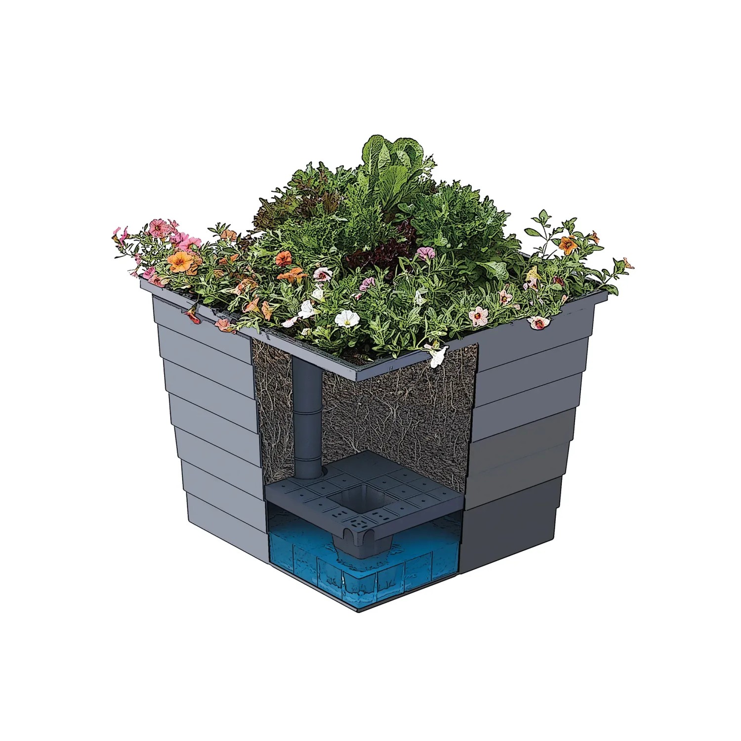 WaterUps Pflanzkübel, 48x48x43 cm, hellbraun, mit Wasserspeicher-System und Bepflanzung.