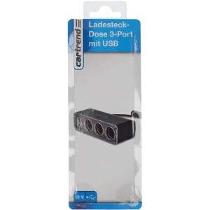 Cartrend Ladesteckdose mit 3 Ports und USB-Anschluss im Blister.